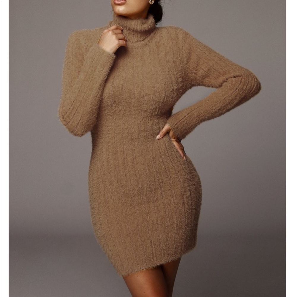 JLuxLabel Tan Turtleneck Fuzzy Sweater Dress S